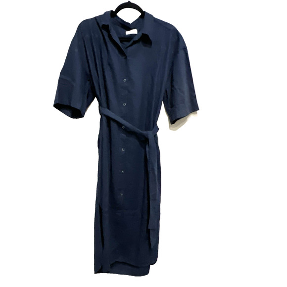 Babaton Aritzia Navy Linen blend Belted midi Shirt Dress pockets M fits L/ XL - Picture 1 of 9